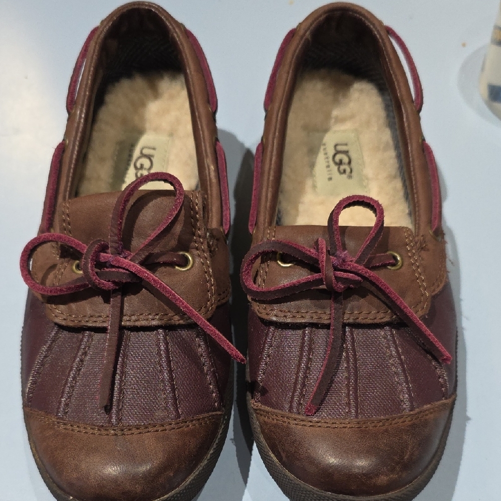UGG Brown and Burgundy Leather Shearling Lined Moccasins